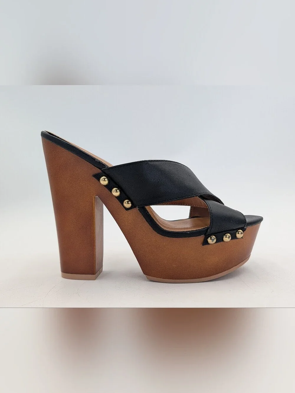 Venus Size 9 Womens Black Gold Studded Crossband Faux Wood Platform Mule Heel